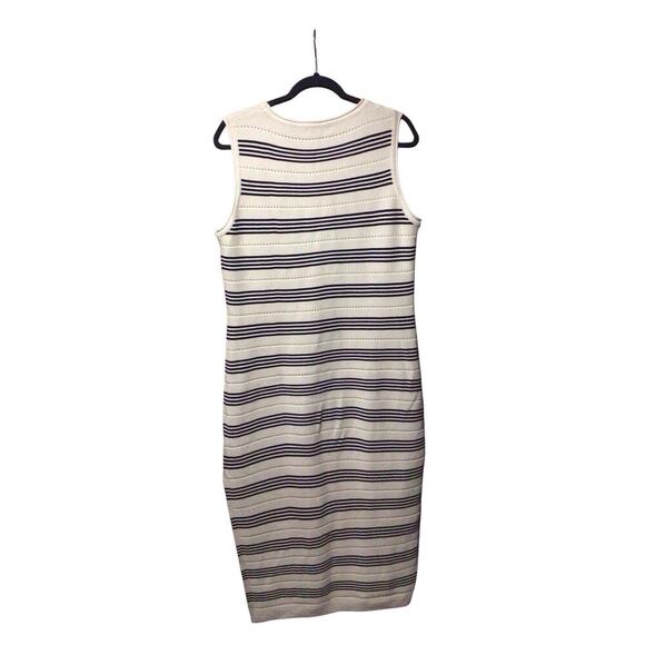 BTFBM Neutral Stripe Side Slit Midi Dress Knit Contemporary Coastal Boho Large - Picture 2 of 7